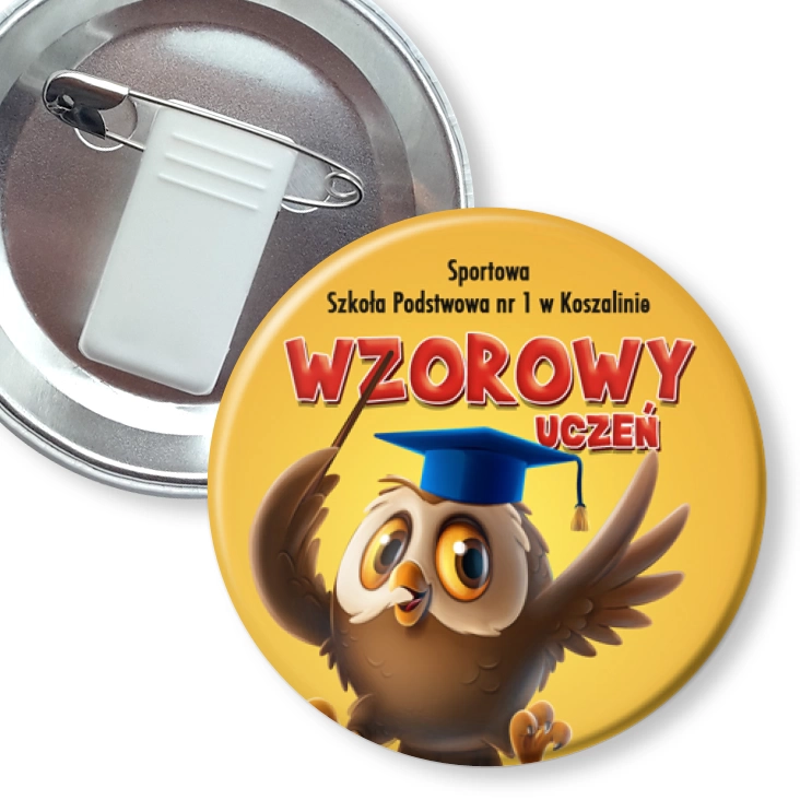 przypinka z żabką i agrafką Wzorowy uczeń Sportowa SP nr 1 w Koszalinie