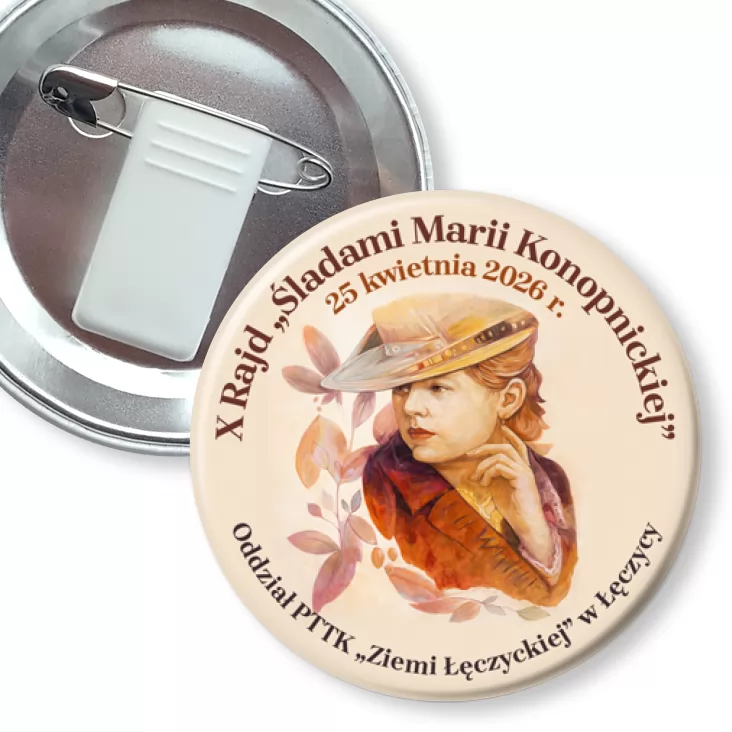 przypinka z żabką i agrafką X Rajd Śladami Marii Konopnickiej