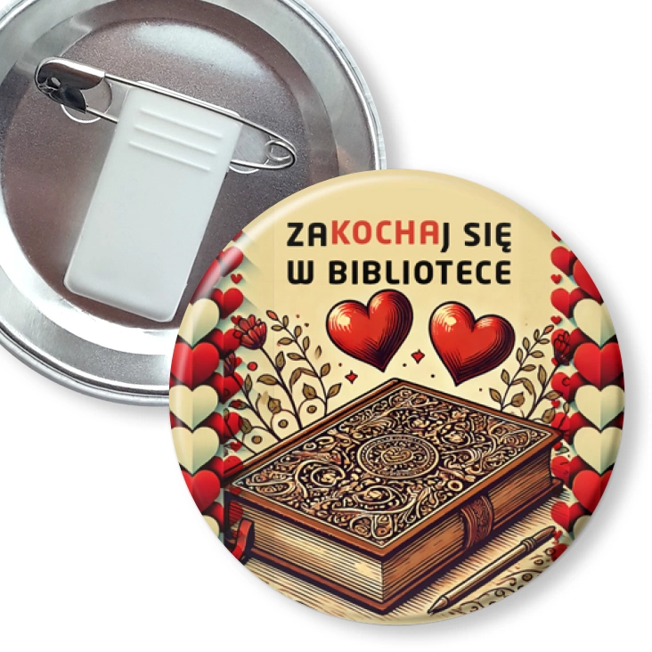 przypinka z żabką i agrafką Zakochaj się w bibliotece serca