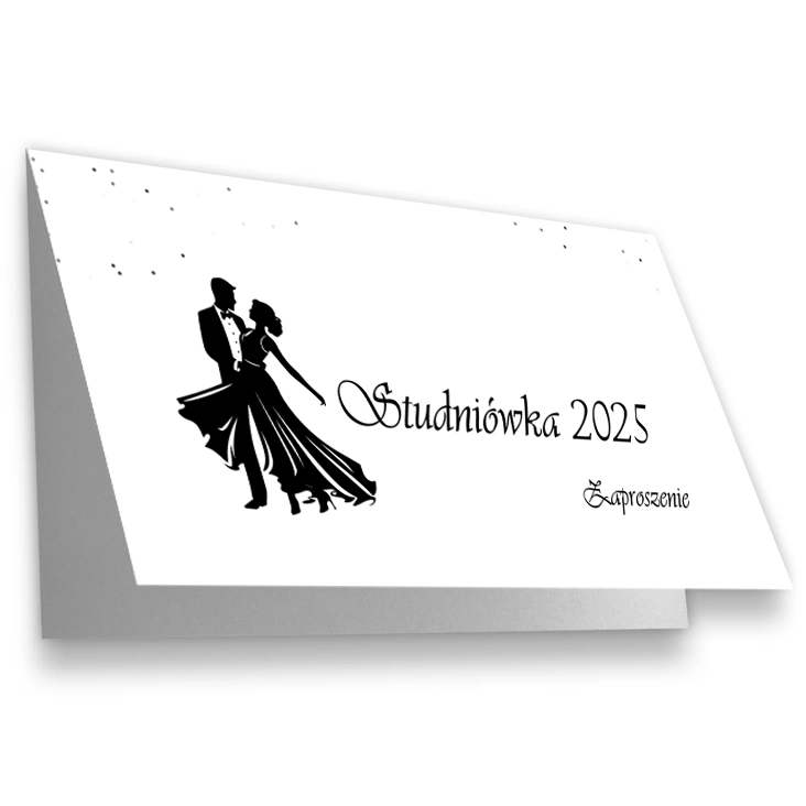 zaproszenieBiałe zaproszenie na studniówkę z elegancką tańczącą parą