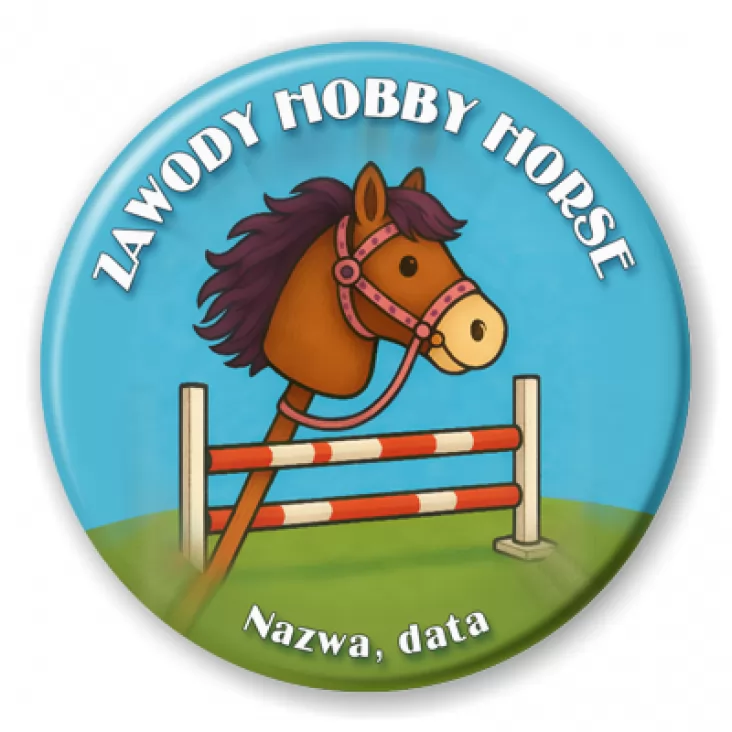 przypinka Zawody hobby horse na niebieskim tle